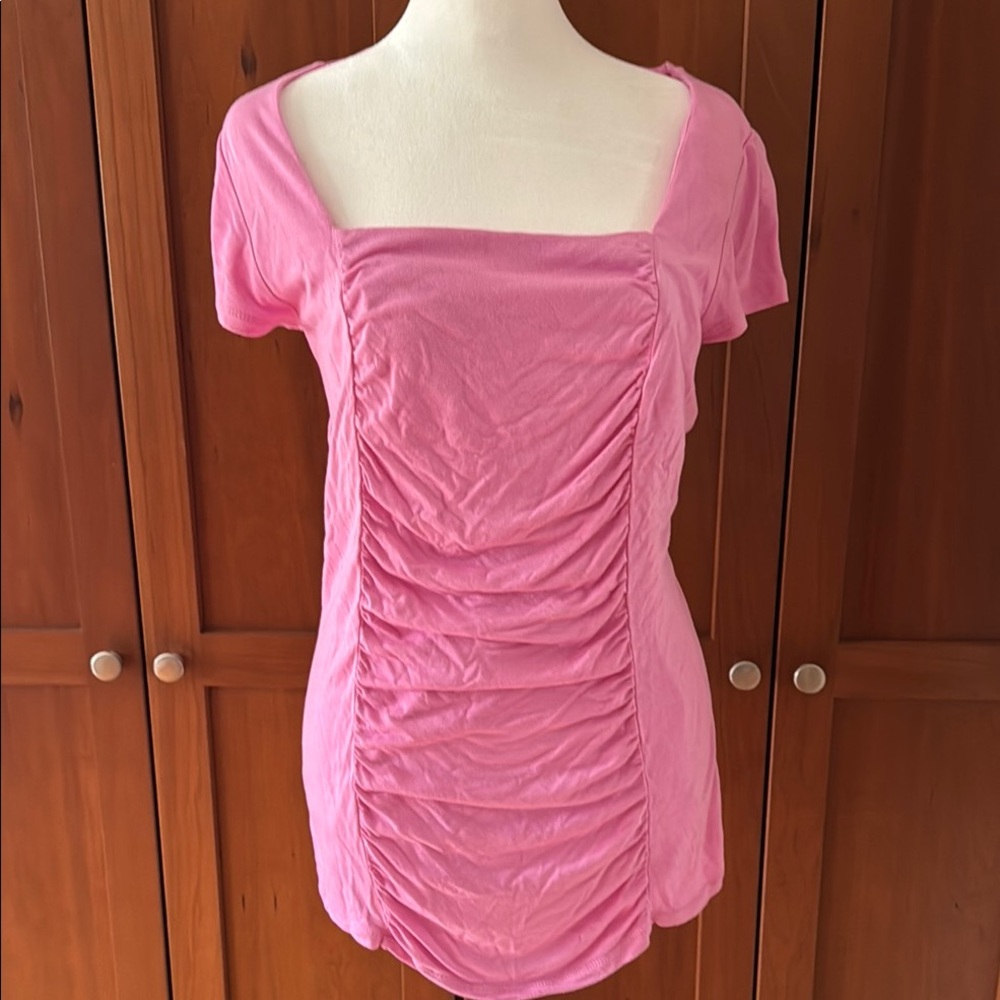 INC International Concepts Pink Ruched Short Sleeve Blouse
